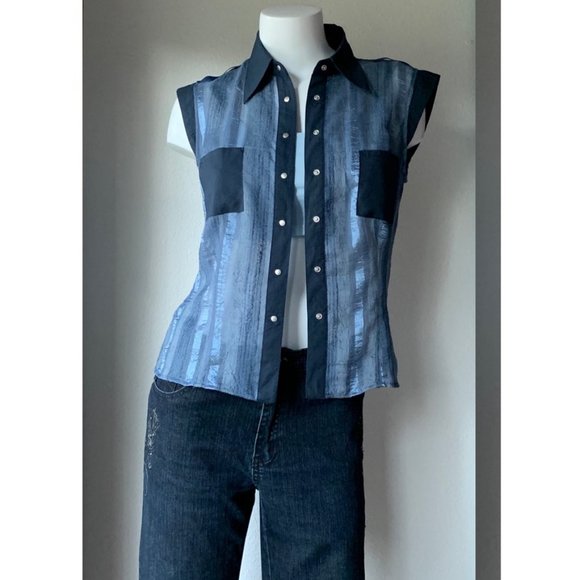 From Paris NEW w/o tags Bleu de Sym short sleeve semi-sheer button down top - Picture 2 of 7